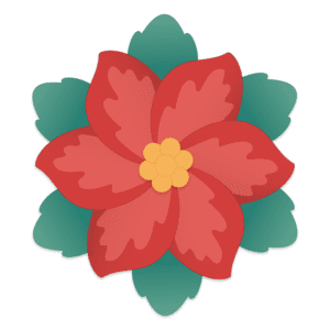 Clipart of a red poinsettia with green leaves and a yellow center.