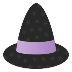 Clipart of a black witch hat covered in stars with a purple band.