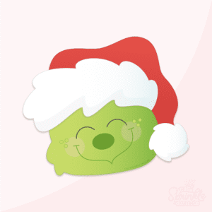 Clipart of a green Grinch face with a big smile and dark green nose wearing a red Santa hat with white fir brim and pom pom.