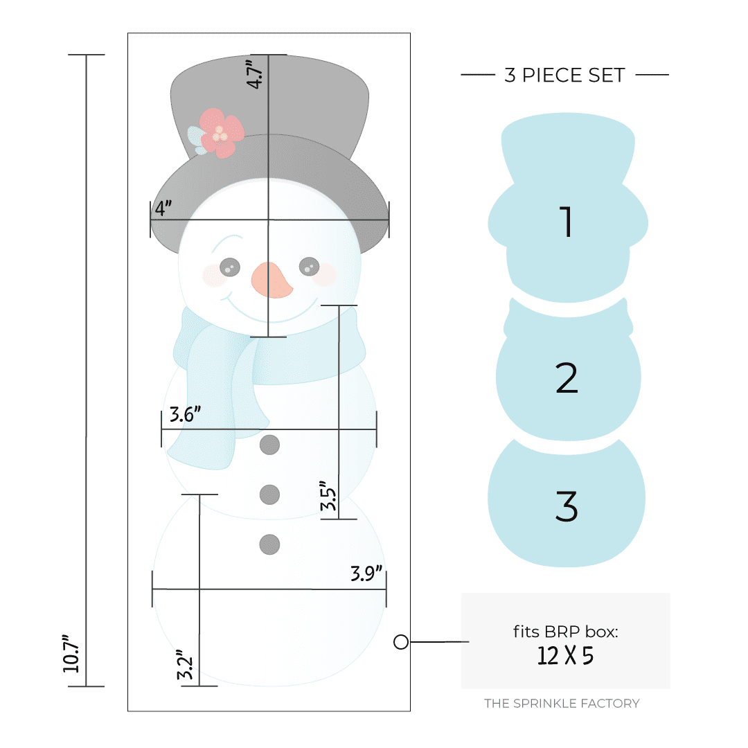 Clipart of a white snowman wearing a black top hat with an orange carrot nose, blue scarf and 2 black coal buttons with size guide.