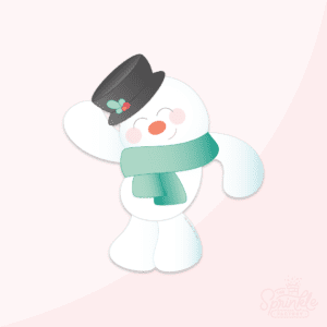 White snowman with pink cheeks who is waving wearing a green scarf and a black hat with holly.