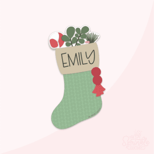 Clipart of a green stocking with a brown top with the name Emily on it with greenery and a candy cane sticking out the top with a red tassel on the side.