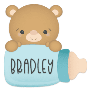 Clipart of a pale blue baby bottle on its side with a brown teddy bear peaking over the top with the name Bradley on the bottle.