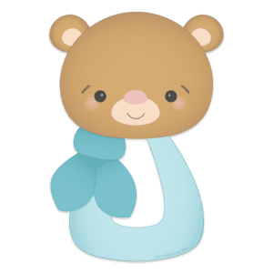 Clipart of a pale blue baby rattle with a blue tie and brown bear head with pink nose.