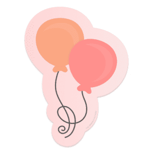 Clipart of a red and orange balloon with black strings on top of a light pink offset background.