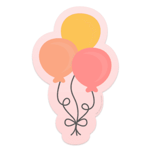 Clipart of a red, yellow and orange balloon bouquet with black strings on top of a light pink offset background.