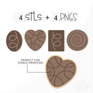 Clipart of 4 mini brown chocolates stacked vertically with the top one being oval with a lighter swirl, the next is a heart with dark brown swirl, the third is a rectangle with a light brown swirl and the last is a circle with a light brown swirl.