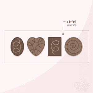 Clipart of 4 mini brown chocolates stacked vertically with the top one being oval with a lighter swirl, the next is a heart with dark brown swirl, the third is a rectangle with a light brown swirl and the last is a circle with a light brown swirl.