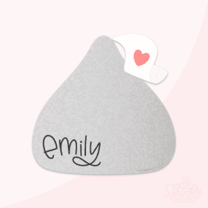 Clipart of a silver wrapped chocolate kiss with a white tag out the top with a red heard and the name Emily written on the bottom of the chocolate in black.