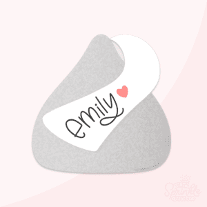 Clipart of a silver wrapped chocolate kiss with big a white tag from the top hanging down across the middle with a red heart and the name Emily written on it in black.