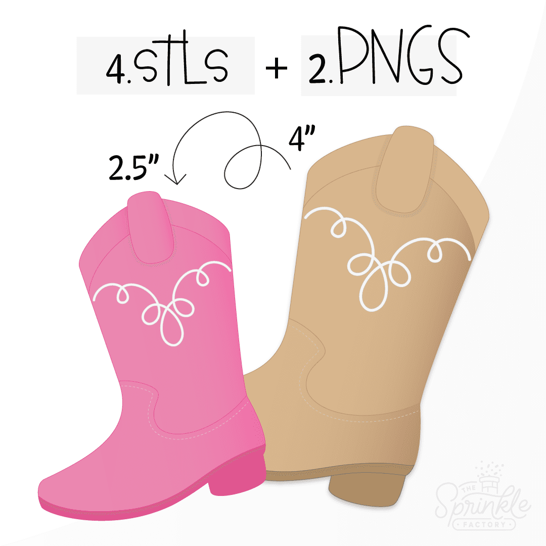 Clipart of a light brown and a pink cowboy boot with toe facing left with white swirl detail at the top.
