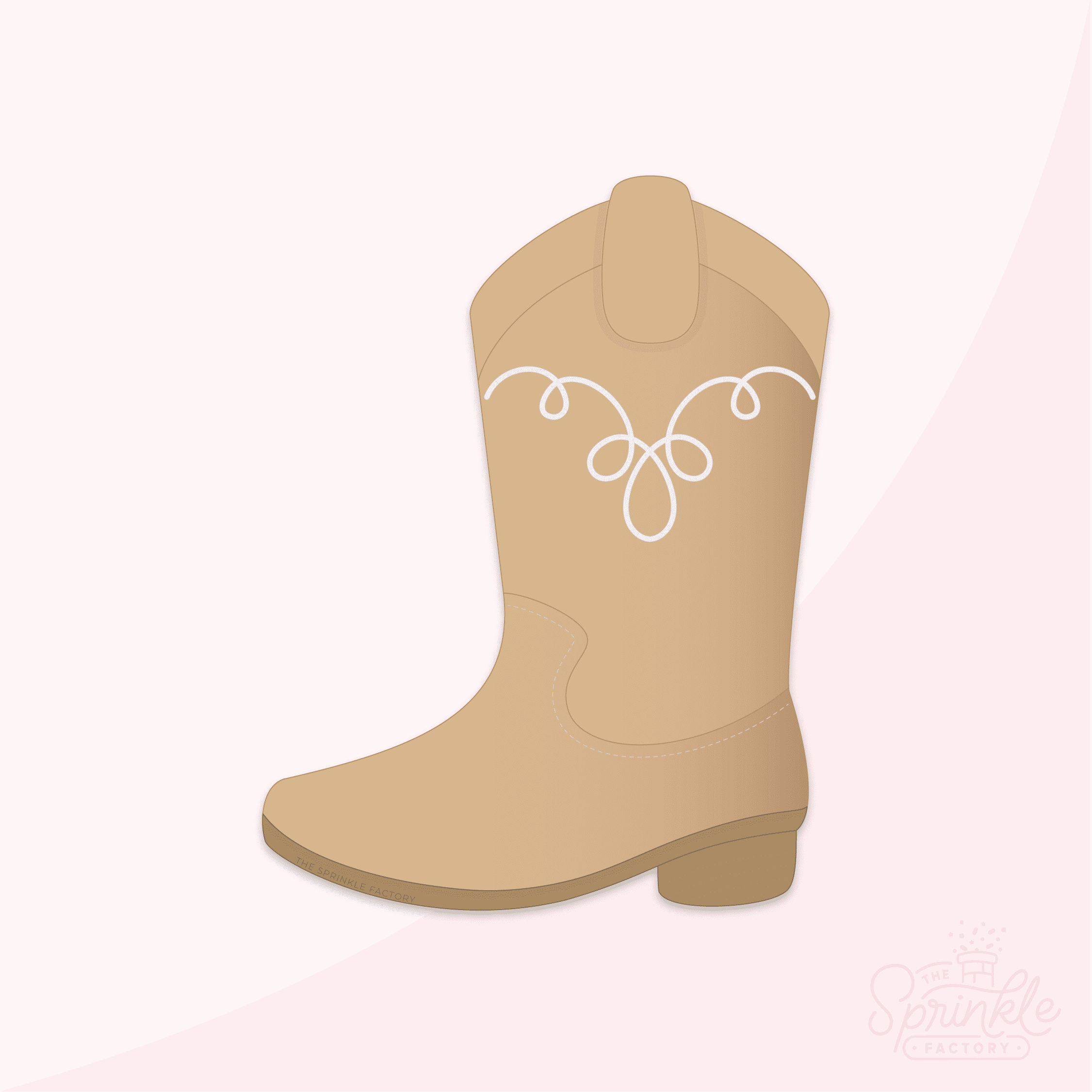 Clipart of a light brown cowboy boot with toe facing left with white swirl detail at the top.