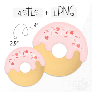 Clipart of the top view of a golden brown donut with pink icing dripping from the top with red and white sprinkles and heart sprinkles.