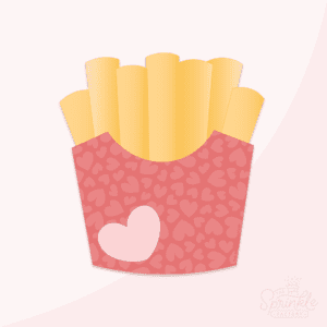 Clipart of golden brown french fries sticking out of a red cardboard sleeve with a faint heart print on it with a large pink heart in the bottom left corner.