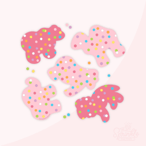 Clipart of frosted animal crackers with rainbow sprinkles including a dark pink bear, a light pink camel, a light pink gorilla, a light pink elephant and a dark pink lion.
