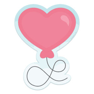 Clipart of a dark pink balloon in the shape of a heart with a black string in front of an offset background with blue clouds.