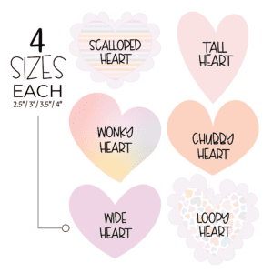 Clipart of 6 hearts including a large heart with a rainbow heart print pattern on it and purple scallop, a tall and narrow pink heart, a chubby orange heart, a wide purple heart, a rainbow ombre wonky heart and a smaller heart with purple scallops and a rainbow line print and text to the right in black that indicates each comes in 4 sizes.