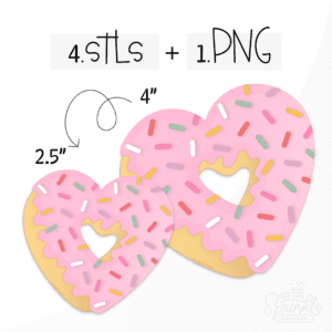 Clipart of the top view of a golden brown heart shaped donut with pink icing and multi coloured sprinkles.