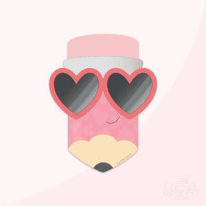 Clipart of a chubby dark pink pencil with a heart print on it with a light pink eraser wearing red heart sunglasses with black lenses.