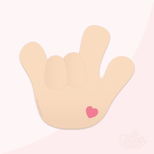 Clipart of cartoon hand with light skin color doing the ASL sign for "I love you" with a small pink heart on the bottom right palm.