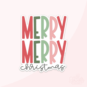 Clipart of capital letters that spell MERRY MERRY on top of each other in alternating colours of red, dark green, light green and pink with christmas in thin cursive letters in black below.