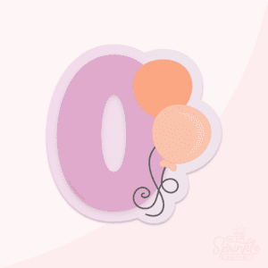 Clipart image of a purple number 0 with a light purple offset background and 2 orange balloons to the right with black strings.