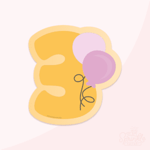 Clipart image of a yellow number 3 with a light yellow offset background and 2 purple balloons to the right with black strings.