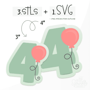 Clipart image of a green number 4 with a light green offset background a red balloon to the right with black strings.