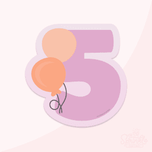 Clipart image of a purple number 5 with a light purple offset background and 2 orange balloons to the left with black strings.