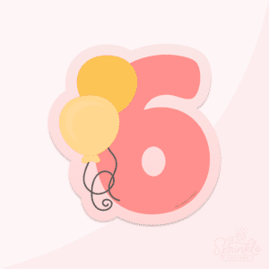 Clipart image of a red number 6 with a light pink offset background and yellow balloons to the left with black string.