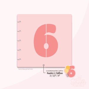 Clipart of a pink stencil with a red 6 stencil in the middle with the image of the number 6 balloon number cutter in the bottom corner.