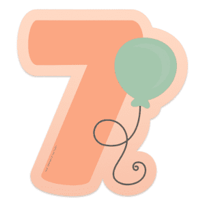 Clipart image of an orange number 7 with a light orange offset background a green balloon to the right with black strings.