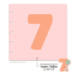 Clipart of a pink stencil with an orange 7 stencil in the middle with the image of the number 7 balloon number cutter in the bottom corner.