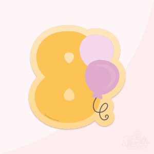 Clipart image of a yellow number 8 with a light yellow offset background and 2 purple balloons to the right with black strings.