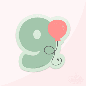 Clipart image of a green number 9 with a light green offset background a red balloon to the right with black strings.
