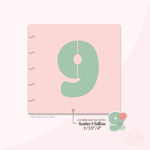 Clipart of a pink stencil with a green 9 stencil in the middle with the image of the number 9 balloon cutter in the bottom corner.