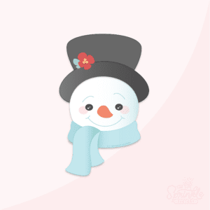 Clipart of a white snowman head wearing a light blue scarf with a black top hat and carrot nose.