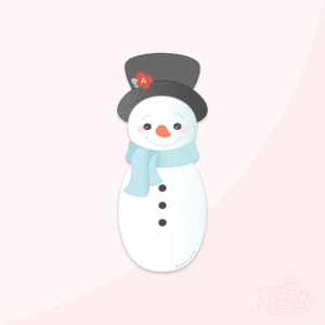 Clipart of a white snowman shaped like a bowling pin with black buttons, light blue scarf, carrot nose and black top hat.