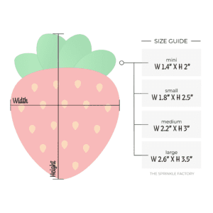 Clipart of a red strawberry with yellow seeds and a green top and size guide.