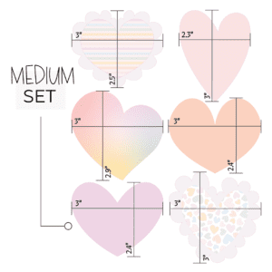 Clipart of 6 hearts including a large heart with a rainbow heart print pattern on it and purple scallop, a tall and narrow pink heart, a chubby orange heart, a wide purple heart, a rainbow ombre wonky heart and a smaller heart with purple scallops and a rainbow line print.