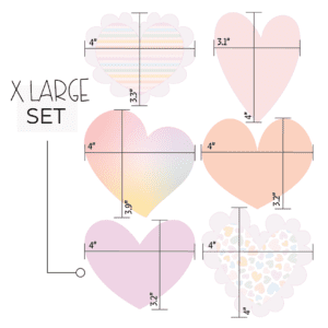 Clipart of 6 hearts including a large heart with a rainbow heart print pattern on it and purple scallop, a tall and narrow pink heart, a chubby orange heart, a wide purple heart, a rainbow ombre wonky heart and a smaller heart with purple scallops and a rainbow line print.