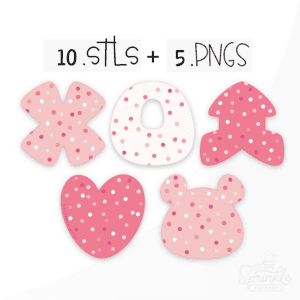 Clipart of 5 Valentine Frosted Crackers that include on the top row a medium pink X, a light pink O and a dark pink arrow pointing up and on the bottom row a dark pink heart and a medium pink bear and all crackers have pink and white round sprinkles on them.