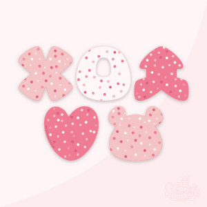 Clipart of 5 Valentine Frosted Crackers that include on the top row a medium pink X, a light pink O and a dark pink arrow pointing up and on the bottom row a dark pink heart and a medium pink bear and all crackers have pink and white round sprinkles on them.