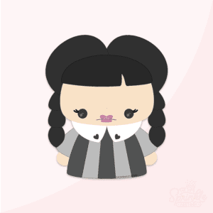 Clipart of a cartoon girl dressed in black and white stripped dress with a white collar and pigtail braids in her black hair.