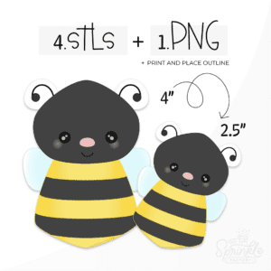 Clipart of a vertical bee with a black head and black and yellow body with light blue wings with a second smaller bee show sizes and the PNG and STL details.