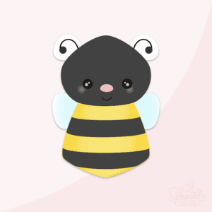 Clipart of a vertical bee with a black head and black and yellow body with light blue wings.