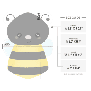 Clipart of a vertical bee with a black head and black and yellow body with light blue wings with size guide.
