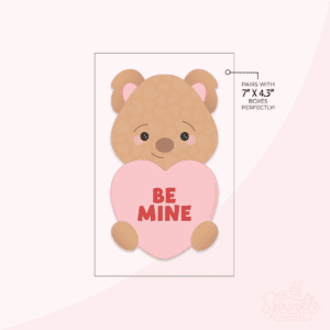 Clipart of a brown bear head with a faded heart print on him holding a big pink heart with BE MINE in red on it with his paws holding it on either side.