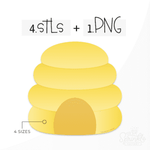 Clipart of a yellow 4 layer bee hive with a golden arched entrance at the bottom with STL and PNG details.