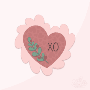 Clipart of a red heart with a lighter heart print on it with a sprig of greenery on the bottom left with XO in black in the middle with a prink frill around the outside.
